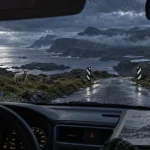 North Coast 500 itinerary 5 days : voiture sur route humide, côte nord écossaise