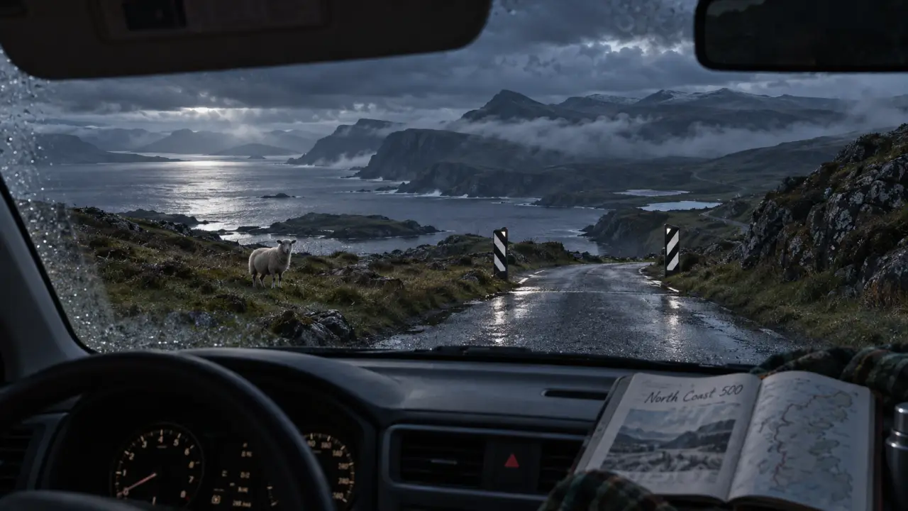 North Coast 500 itinerary 5 days : voiture sur route humide, côte nord écossaise