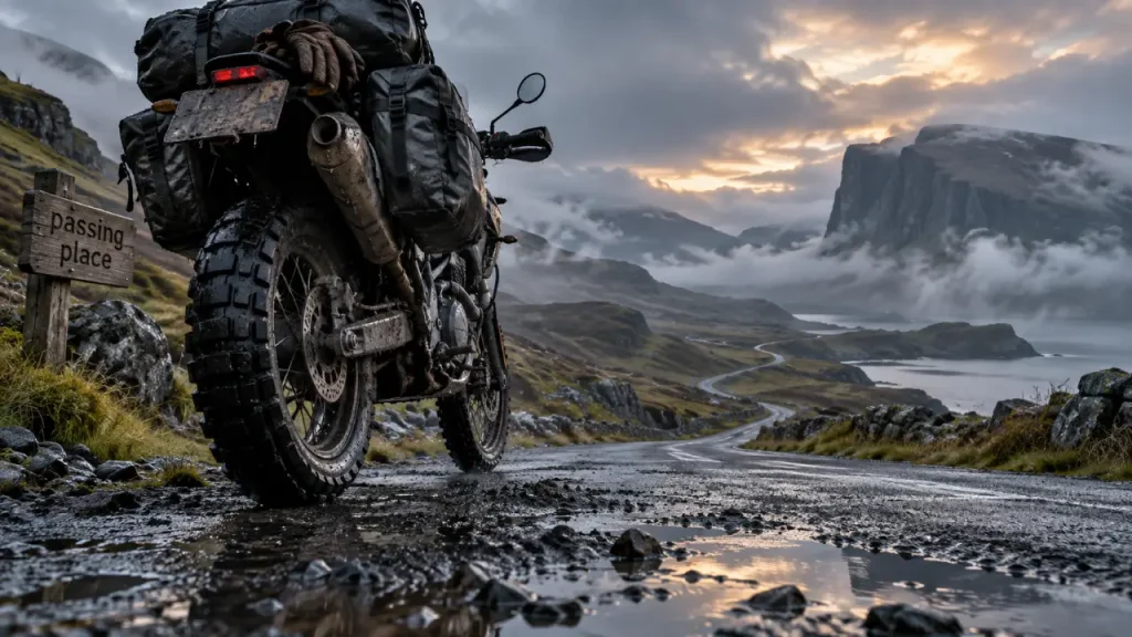 North coast 500 moto : moto enduro sur route humide près d’un passing place