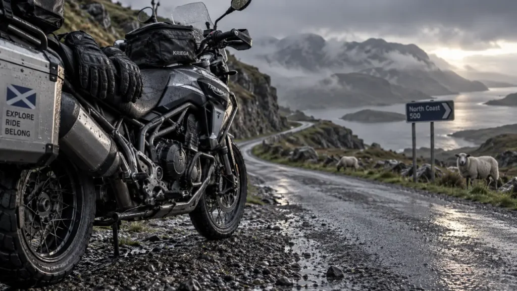 North coast 500 motorcycle sur route humide écossaise, virage et falaises