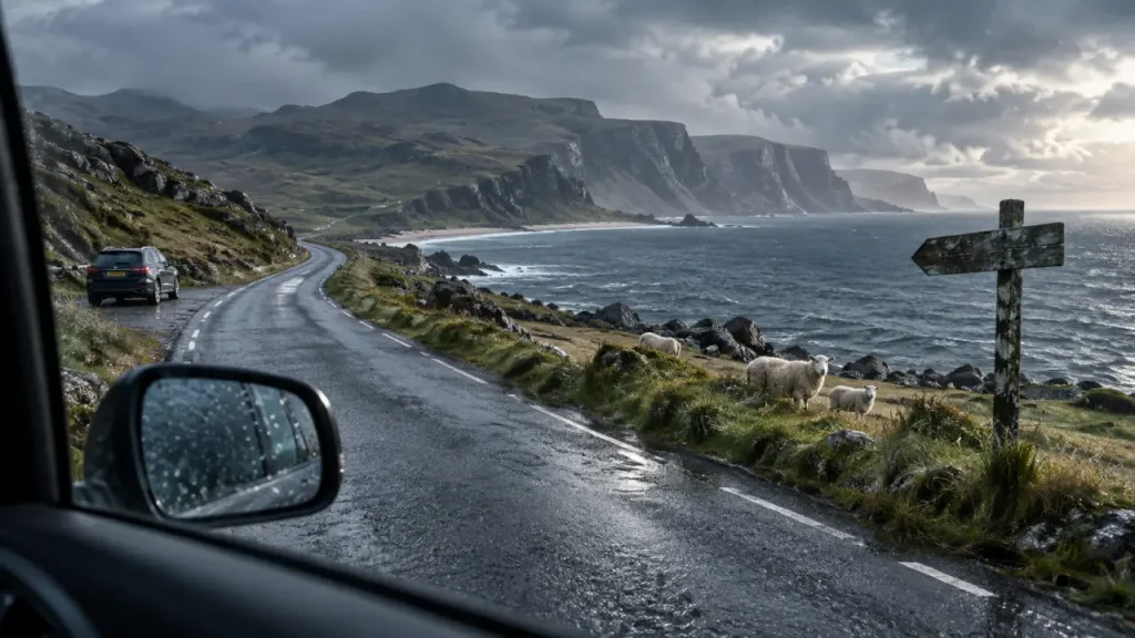 North coast 500 road : route étroite des Highlands, loch et pluie