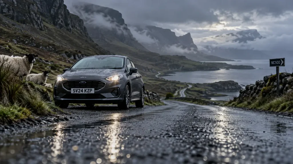North Coast 500 road Scotland : voiture sur single track en Highlands, pluie