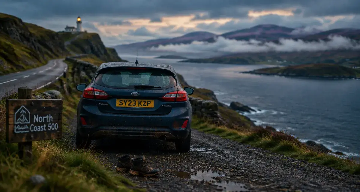 North coast 500 road trip : voiture sur route côtière des Highlands, bruine et loch