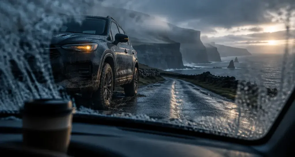 North coast 500 winter : voiture sur route humide écossaise, brume et falaises