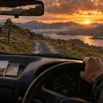 Road trip ecosse highlands : vue depuis la voiture sur une route écossaise à passing place, loch au loin