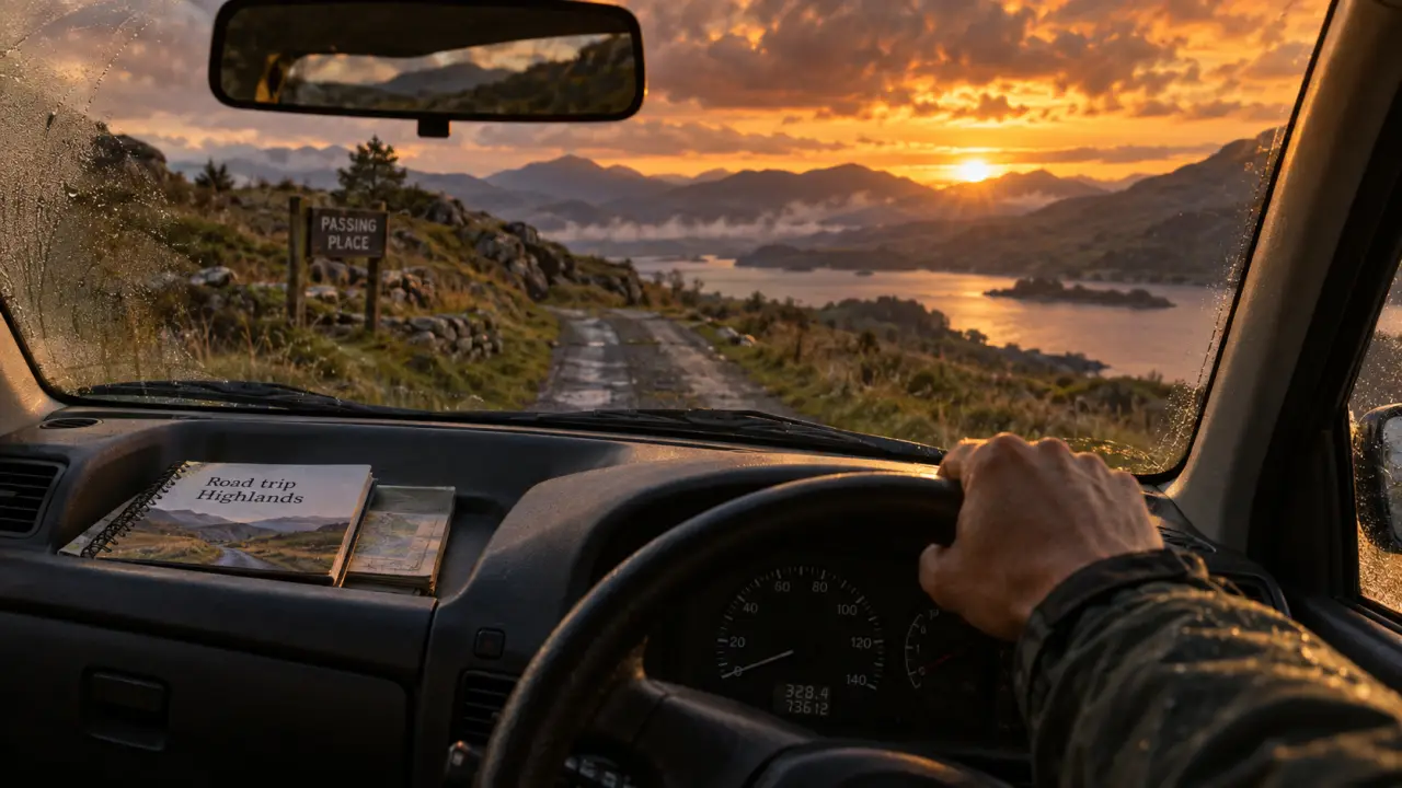 Road trip ecosse highlands : vue depuis la voiture sur une route écossaise à passing place, loch au loin
