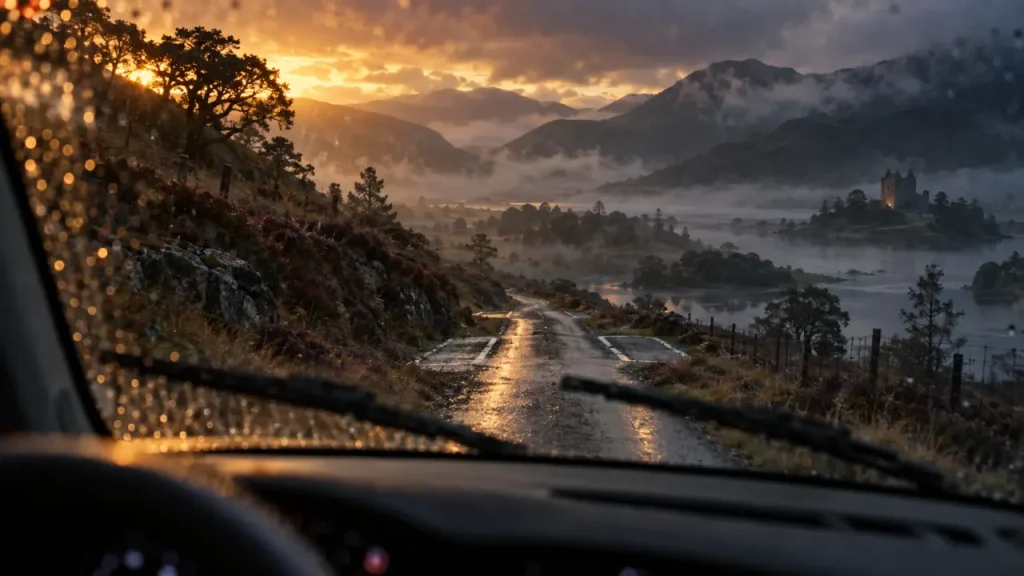 Road trip ecosse hiver : route brumeuse et loch des Highlands depuis la voiture