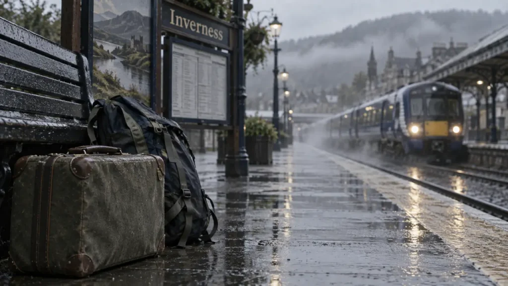 Road trip ecosse sans voiture : train à Inverness, quai sous brume