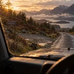 Road trip highland ecosse : route à voie unique vers Glencoe, conduite à gauche, golden hour