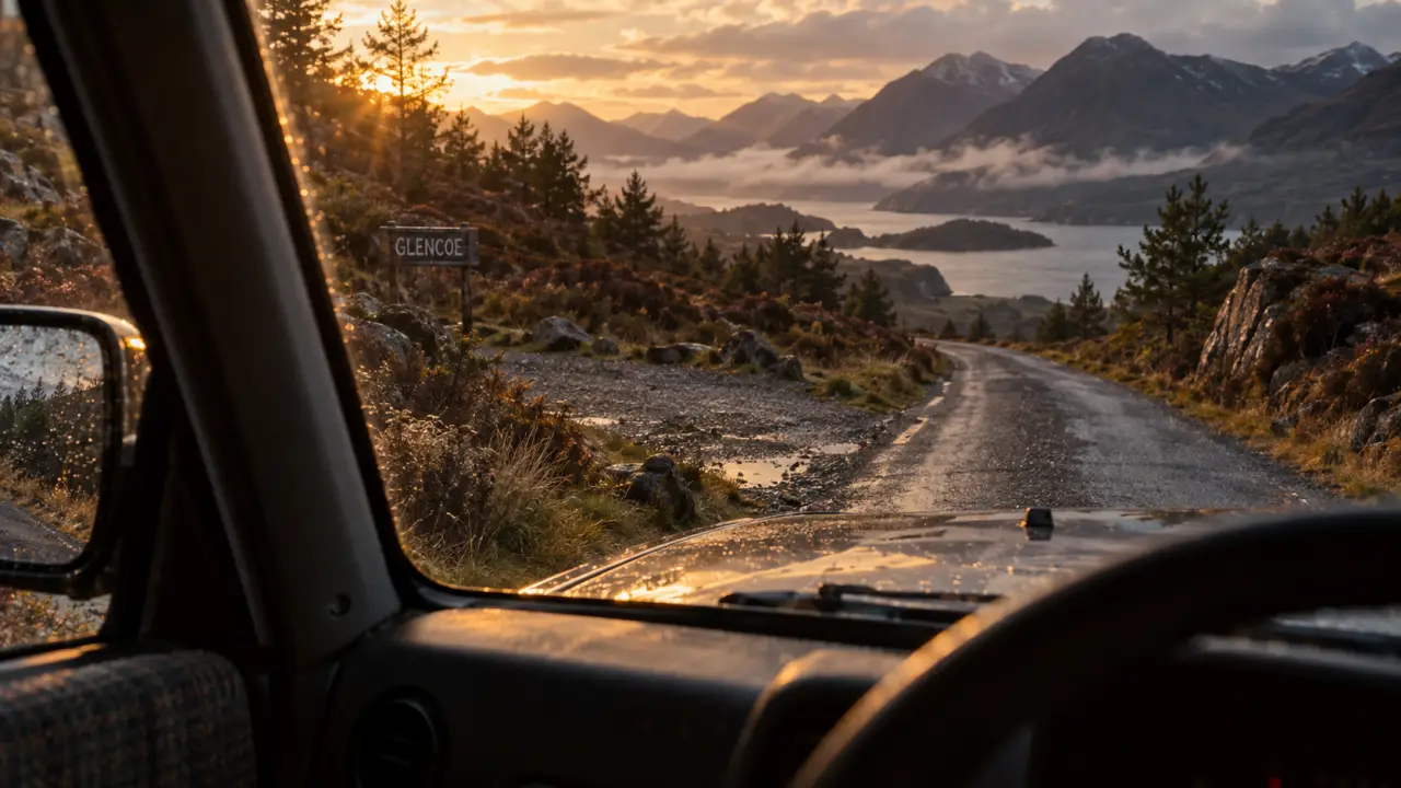 Road trip highland ecosse : route à voie unique vers Glencoe, conduite à gauche, golden hour