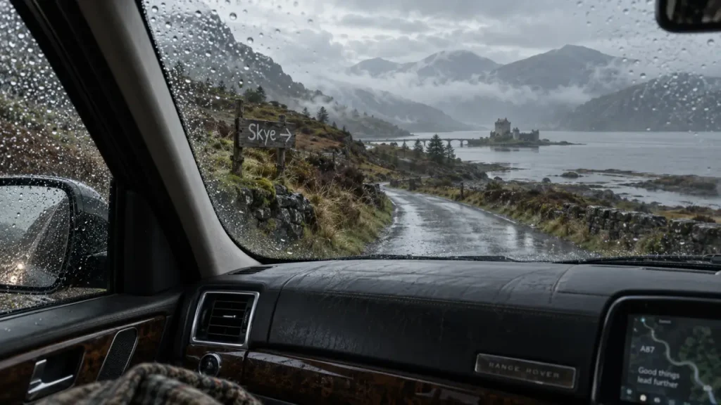 Road trip une semaine ecosse : route des Highlands vers Skye, conduite à gauche, pluie et brume