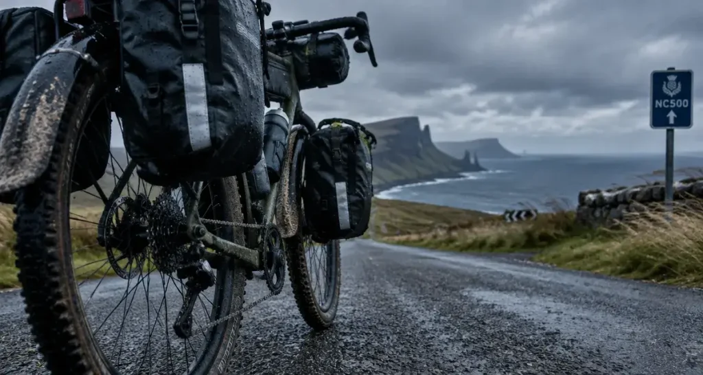 Scotland North Coast 500 cycle : vélo gravel sur route côtière des Highlands, ciel gris