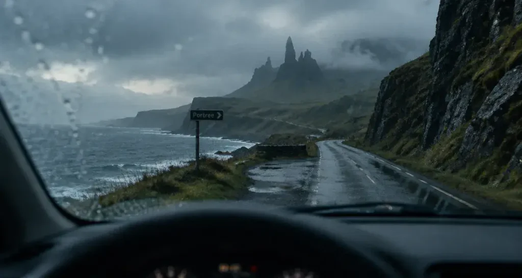 Visiter ile de skye ecosse : route étroite vers Portree, Old Man of Storr dans le brouillard