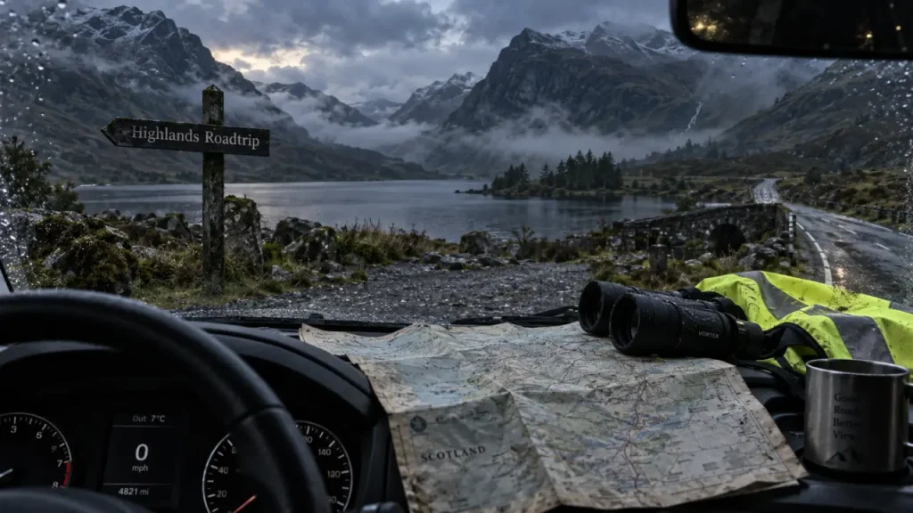 Voyage ecosse road trip en Highlands : voiture à conduite à gauche, carte et brume près de Loch