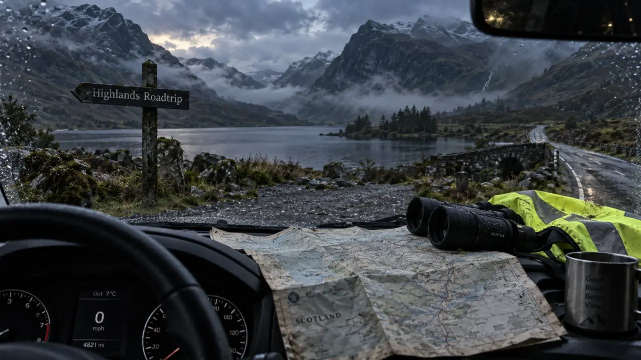 Voyage ecosse road trip en Highlands : voiture à conduite à gauche, carte et brume près de Loch